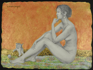 "Weiblicher Akt mit Kätzchen" Malerei von Nasantsengel