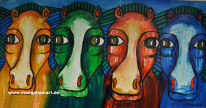 vier Pferde, Mongolei Kunst, Maler Battulga Tsogzol aus der Mongolei