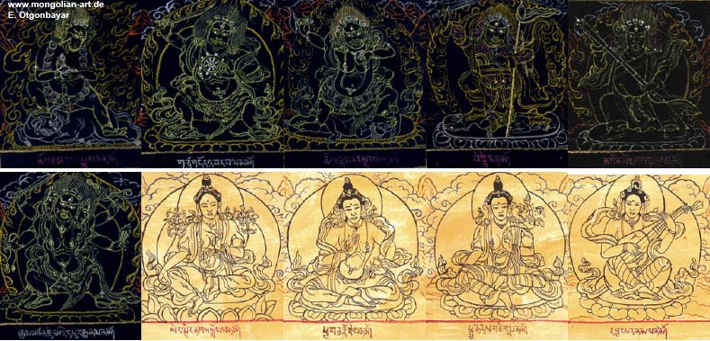 Ruhe, Harmonie und Glckseligkeit sprechen aus den Darstellungen der Buddhas und der Heiligen, expressive Leidenschaftlichkeit, vitale Kraft und zerstrerische Wildheit zeigen der Bilder vieler Dmonen und Schutzgottheiten in ihren flackernden Aureolen. Beide Seiten dieser Polaritt sind in den Malereien durch eine oft virtuos gemeisterte Liniensprache, hufig mit stark betonten Konturen, und durch symboltrchtige, leuchtende Farben ausgedrckt. Diese Symbolik gemahnt an die unter der Oberflche des Buddhismus weiterlebende Magie der Naturreligion. Auch der stark flchenhafte Charakter, der gegenber chinesischen Bildern mit ihren weichen Farbbergngen besonders auffllt, lsst die nationalen Traditionen nicht verkennen. Erstaunlich ist, dass diese