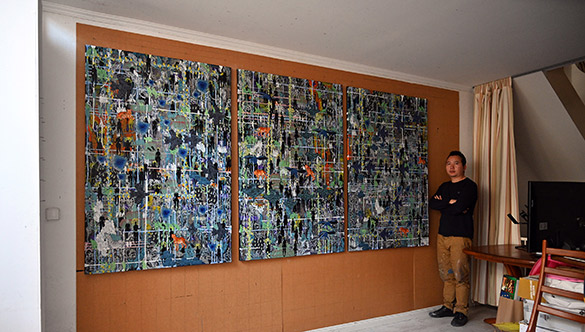 Triptych: The World Beyond 6,7,8 by OTGO 2021-2022, acryl on canvas, 150 x 300 cm