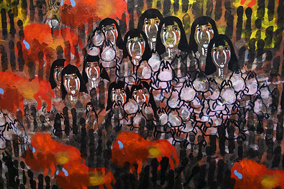 Slavery Narratives: The Atlantic slave trade & The Native Americans  by OtGO 2013–2023, acryl on canvas 215 x 1000 cm