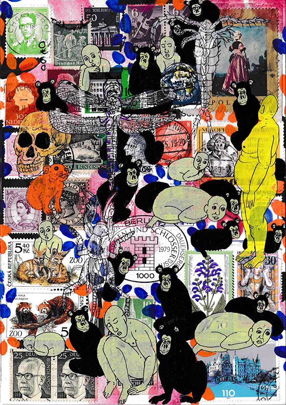 Cabine of Curiosities Apes 19 by OtGO 2024-2025, ink and acryl on original Stamps, 210 x 148  mm (A5)