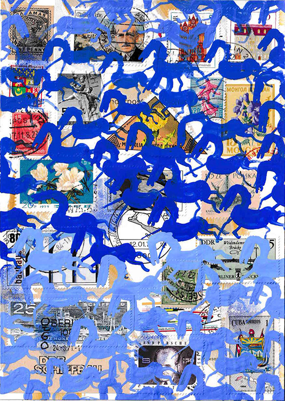 Cabine of Curiosities Memento Horses 11 by OtGO 2024-2025, ink and acryl on original Stamps, 210 x 148  mm (A5)