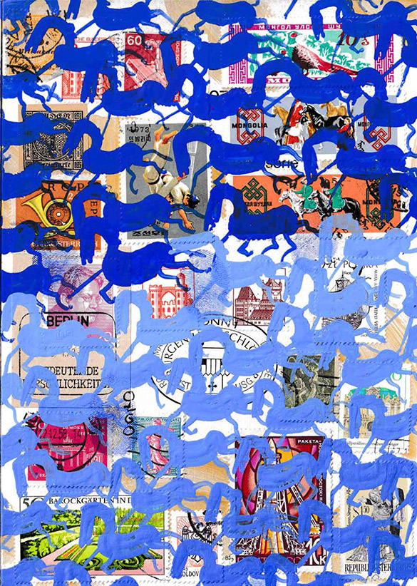 Cabine of Curiosities Memento Horses 12 by OtGO 2024-2025, ink and acryl on original Stamps, 210 x 148  mm (A5)