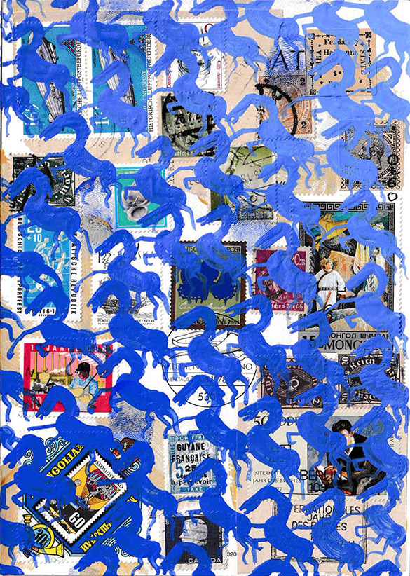 Cabine of Curiosities Memento Horses 16 by OtGO 2024-2025, ink and acryl on original Stamps, 210 x 148  mm (A5)