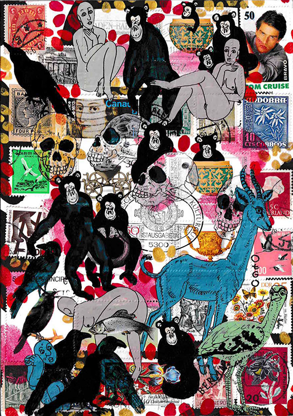 Cabine of Curiosities Memento Mori 12 by OtGO 2024-2025, ink and acryl on original Stamps, 210 x 148  mm (A5)