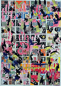 Cabinet of Curiosities Salon: 1/10 pictures with stamps  by OtGO 2024-2025, consists of 10 equal-sized single paintings, ink and acryl on original Stamps, each measuring 594 by 420 mm (A2)