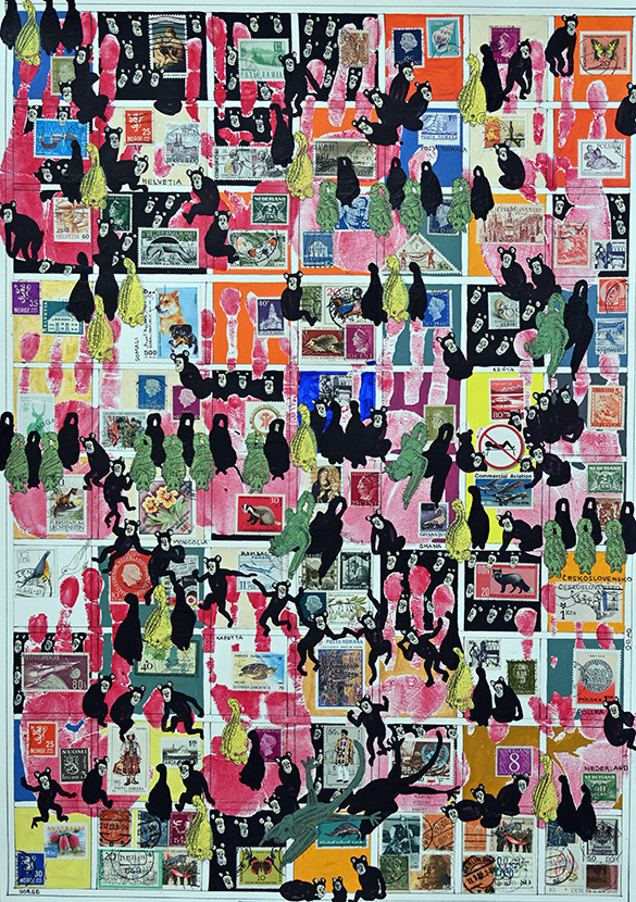 Cabinet of Curiosities Salon: 10/10 pictures with stamps by OtGO 2024-2025, consists of 10 equal-sized single paintings, ink and acryl on original Stamps, each measuring 594 by 420 mm (A2)