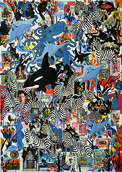 Wunderkammer Göschenen: 30 pictures with stamps by OtGO 2025, consists of 30 equal-sized single paintings, ink and acryl on original Stamps, each measuring 420 by 297 mm (A3)