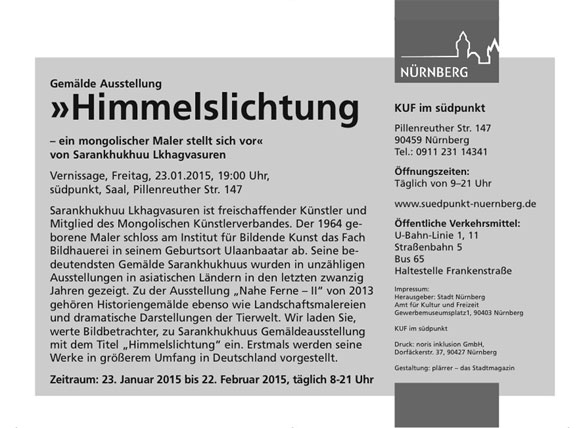 "Himmelslichtung" eine Ausstellung von Sarankhukhuu Lkhagvasuren, Nrnberg Deutschland