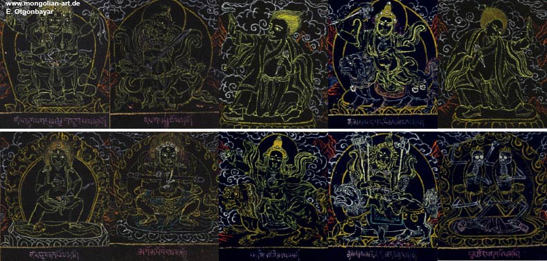 Wo mit bernahme zu rechnen ist, erfolgte sie allerdings zumeist nicht direkt aus Ostturkestan, sondern durch Vermittlung der lamaistischen tibetischen Kunst, denn in den gesamten spteren Feudalperiode wurden sowohl die Malerei und die damit eng verbundene, von groem handwerklichen Knnen zeugende Seidenapplikation als auch die Plastik konzentriert vor allem in den greren Klstern gepflegt. Typisch fr diese sptbuddhistischen Kunstwerke ist ihr suggestiv wirkender, meditativer Charakter- sie sollen den Glubigen Hilfe sein bei der Meditation, bei der Befreiung aus dem Kreislauf der Wiedergeburten.