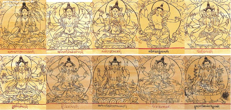 Ausdrucksstrke der Kunstwerke trotz der strengen Regeln des Kanons fr die Ikonographie der unzhligen Gestalten des lamaistischen Pantheons erreicht wurde, in dem auch viele vorlamaistische Gottheiten ihren Platz gefunden hatten. Lediglich bei der Gestaltung der Bildhintergrnde und bei Portrts lamaistischer Wrdentrger waren gewisse Freiheiten gestattet. Die meisten dieser Bilder finden sich auf den „Tempel- fahnen, nach dem tibetischen Wort als tanka „Thangka“ bezeichnet, aber auch die ersten und letzten Seiten