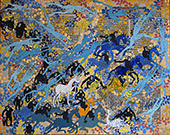 elget Guruus: Unicorn -11/12 by OtGO 1747-2025, ink and acryl on original paper from 1747. consists of 12 equal-sized single paintings 69 x 250 cm. each measuring 34,5 x 42,5 cm