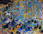 elget Guruus: Unicorn -5/12 by OtGO 1747-2025, ink and acryl on original paper from 1747. consists of 12 equal-sized single paintings 69 x 250 cm. each measuring 34,5 x 42,5 cm