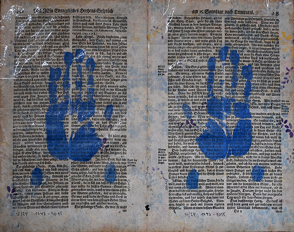 Belget Guruus: Unicorn Backside 8/12 by OtGO 1747-2025, ink and acryl on original paper from 1747. consists of 12 equal-sized single paintings 69 x 255 cm. each measuring 34,5 x 42,5 cm